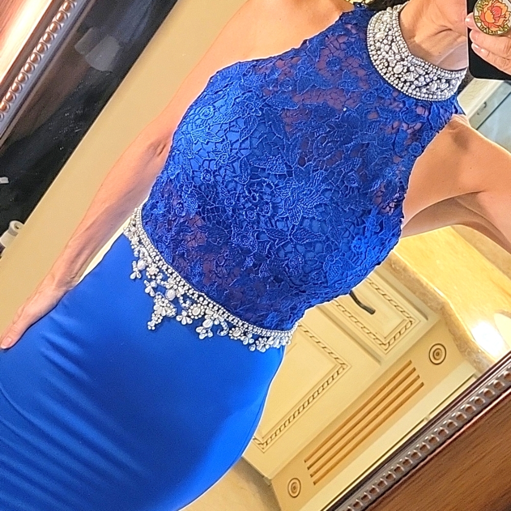 Blue Pearl & Rhinestoned Embellished Mermaid High-low Formal Dress, XS - Picture 10 of 16